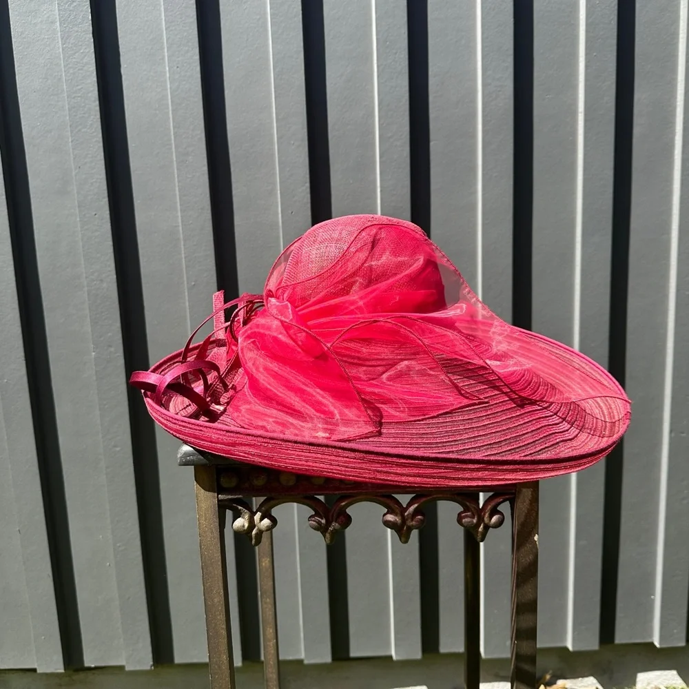 Something Special Cranberry Red Kentucky Derby Wide Brim Ribbon Bow Hat